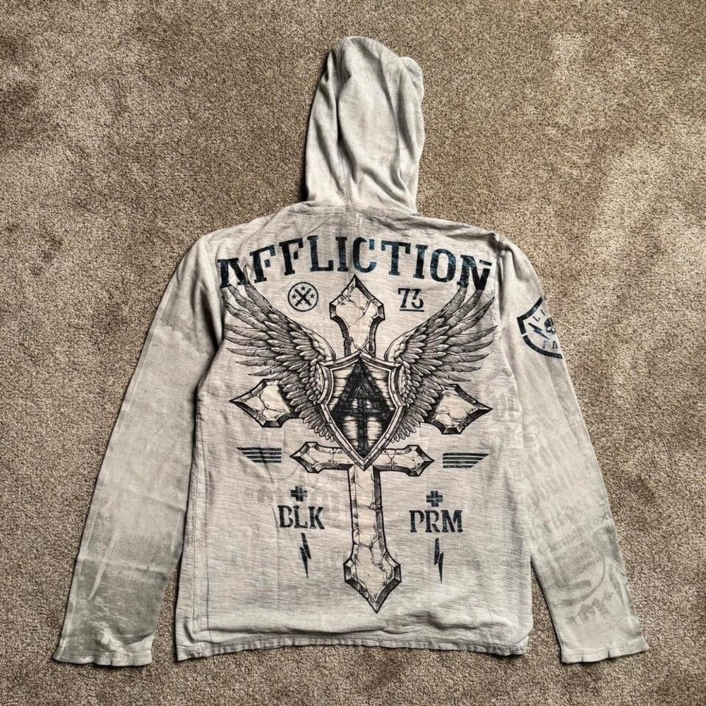 WHITE AFFLICTION "LIVE FAST" WAFFLE KNIT HOODED LONG SLEEVE